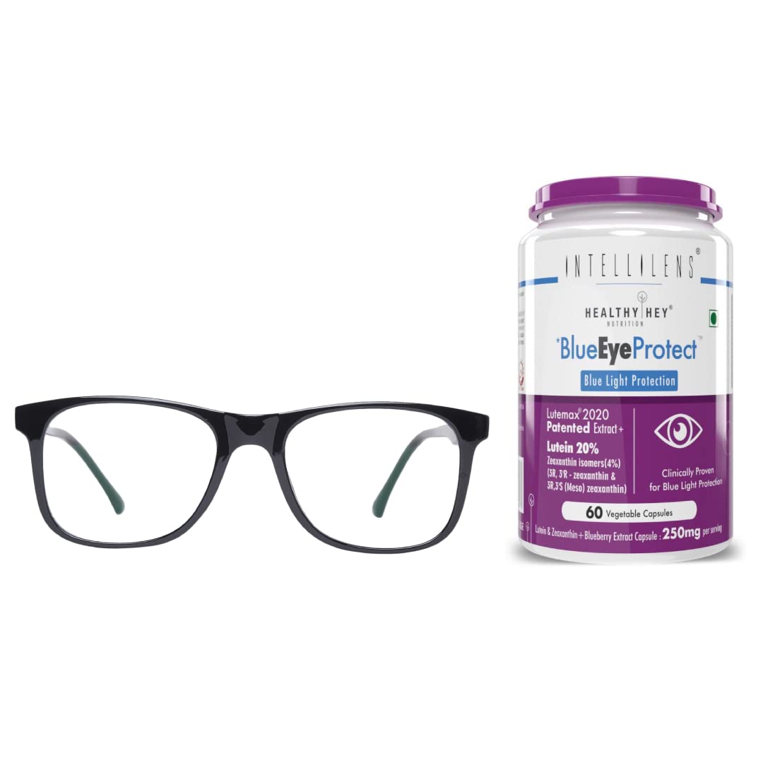 Intellilens® Navigator Blue Cut Computer Glasses for Eye Protection with Eye Supplements | Zero Power, Anti Glare & Blue Light Filter Glasses | UV Protection Specs for Men & Women