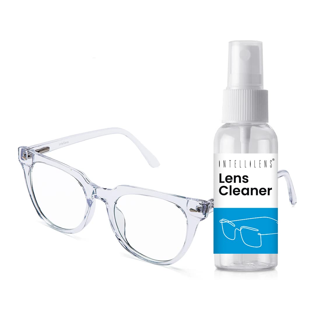 Intellilens Round Blue Cut Computer Glasses for Eye Protection with Lens Cleaner Solution for Spectacles | Zero Power, Anti Glare & Blue Light Filter Glasses | (Transparent Clear) (50-20-138)