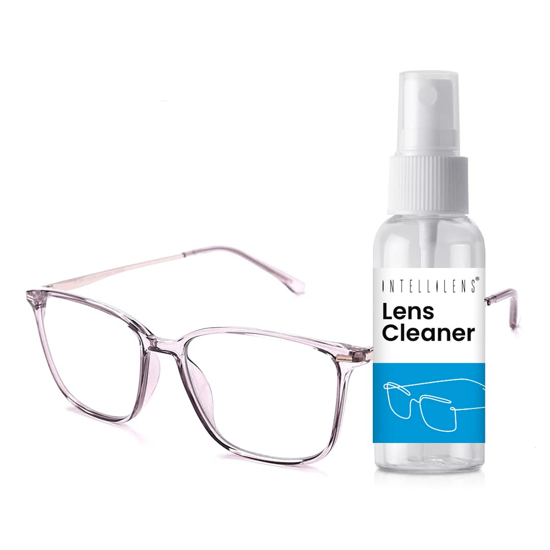 Intellilens Square Blue Cut Computer Glasses for Eye Protection with Lens Cleaner Solution for Spectacles | Zero Power, Anti Glare & Blue Light Filter Glasses | (Clear Grey) (55-17-145)