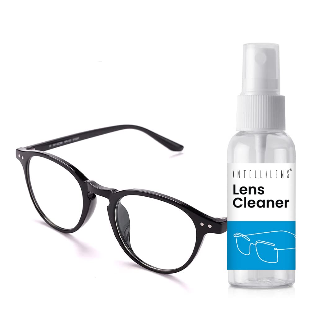 Intellilens Round Blue Cut Computer Glasses for Eye Protection with Lens Cleaner Solution for Spectacles | Zero Power, Anti Glare & Blue Light Filter Glasses | (Shiny Black) (48-22-140)