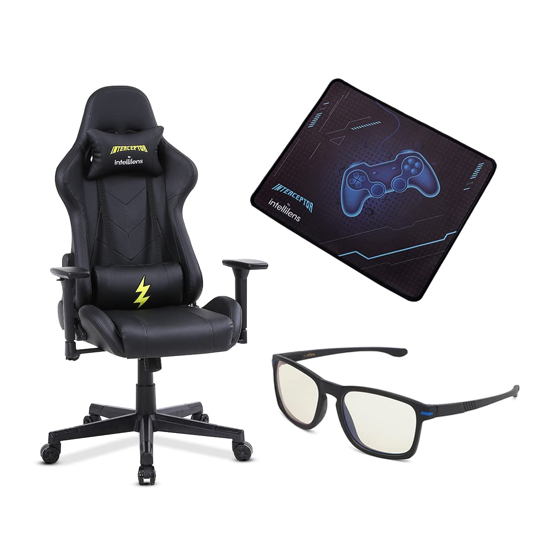 INTERCEPTOR Ergonomic Gaming Chair, Gaming Mat & Gaming GlassesCombo | Premium Fabric, Adjustable Neck & Lumbar Pillow, 3D Adjustable Armrests