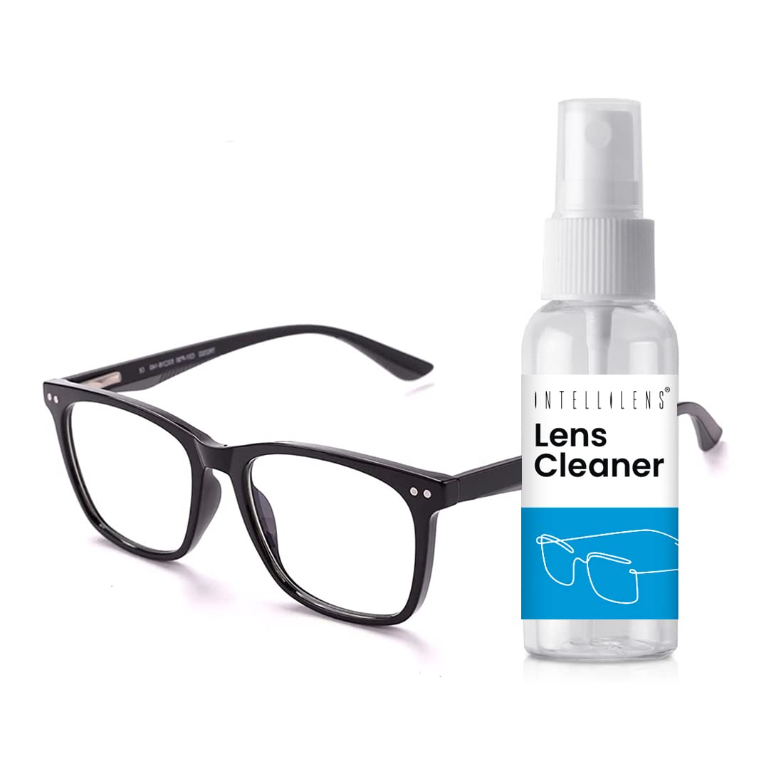 Intellilens Square Blue Cut Computer Glasses for Eye Protection with Lens Cleaner Solution for Spectacles | Zero Power, Anti Glare & Blue Light Filter Glasses | (Shiny Black) (53-18-140)