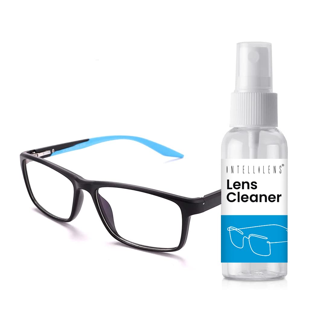 Intellilens Square Blue Cut Computer Glasses for Eye Protection with Lens Cleaner Solution for Spectacles | Zero Power, Anti Glare & Blue Light Filter Glasses | (Matte Black & Blue) (56-17-140)