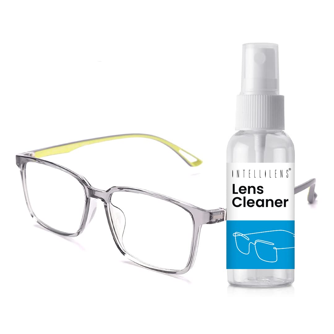 Intellilens Square Blue Cut Computer Glasses for Eye Protection with Lens Cleaner Solution for Spectacle|Zero Power, Anti Glare & Blue Light Filter Glasses|UV Protected (Transparent Grey) (53-16-135)