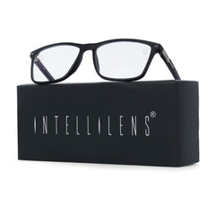 Intellilens Featuring ZEISS DriveSafe 1.5 Index Plano Square Unisex Anti Glare Blue Cut with UV Protection Full Frame Spectacles Glasses For Mobile Laptop Tablet Computer & Driving ( Zero Power, Black )