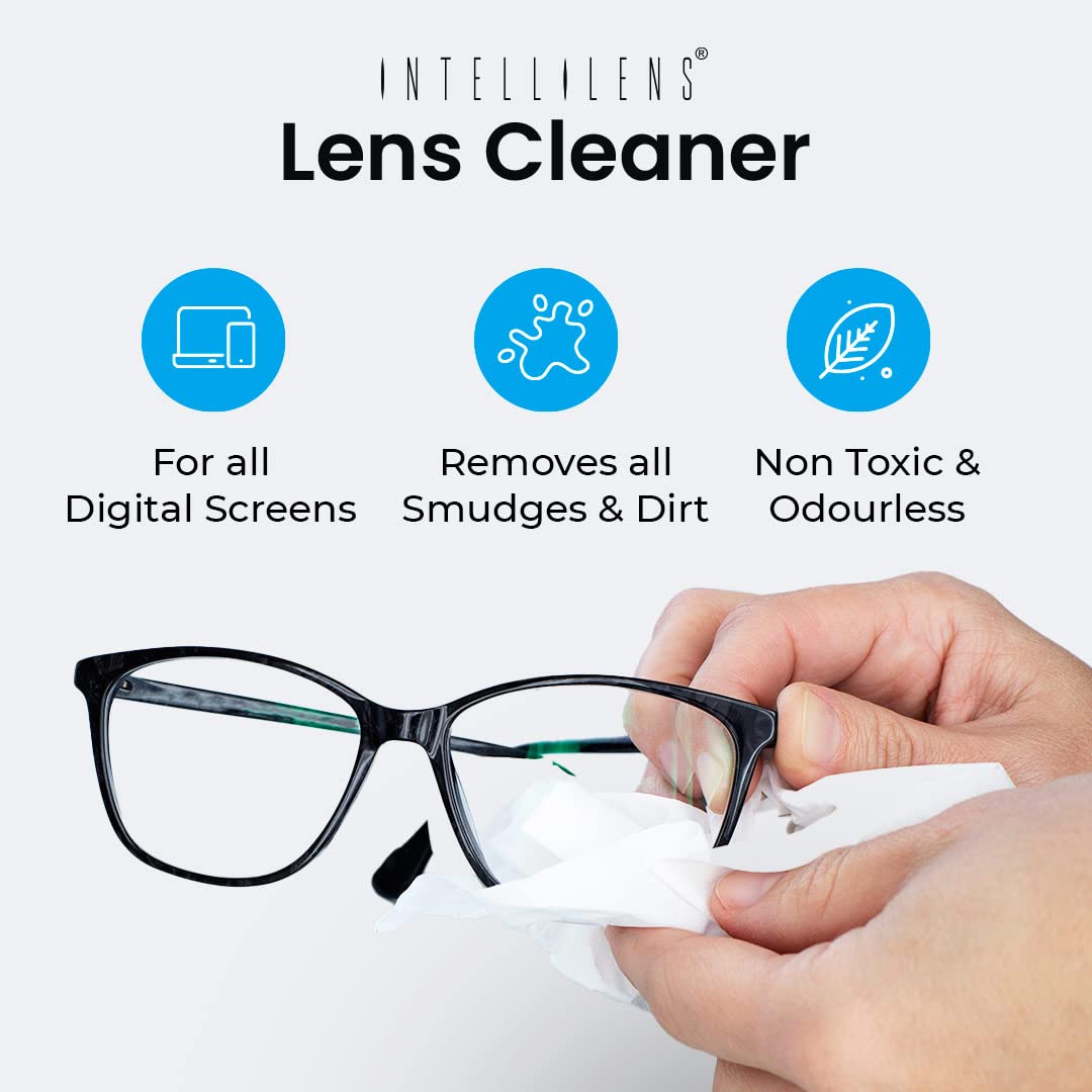 Intellilens Lens Wipes (60 wipes) and Lens Cleaner & For Spectacles (30ml) with Free Microfiber Cloth | Streak Free & Quick Drying Lens Solution & Lens Cleaner Wipes