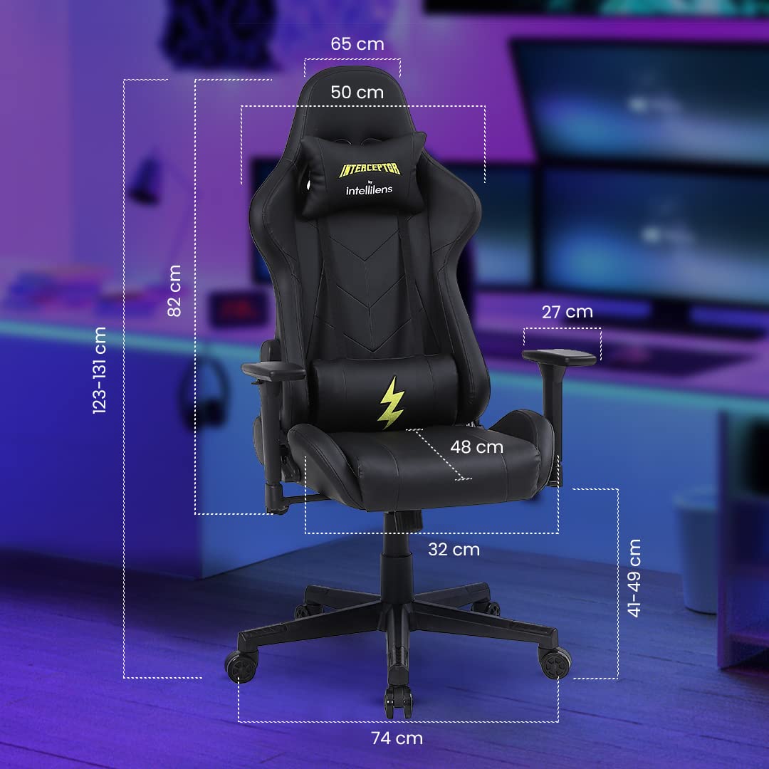 INTERCEPTOR Ergonomic Gaming Chair & Gaming Glass Combo | Premium Fabric, Adjustable Neck & Lumbar Pillow, 3D Adjustable Armrests