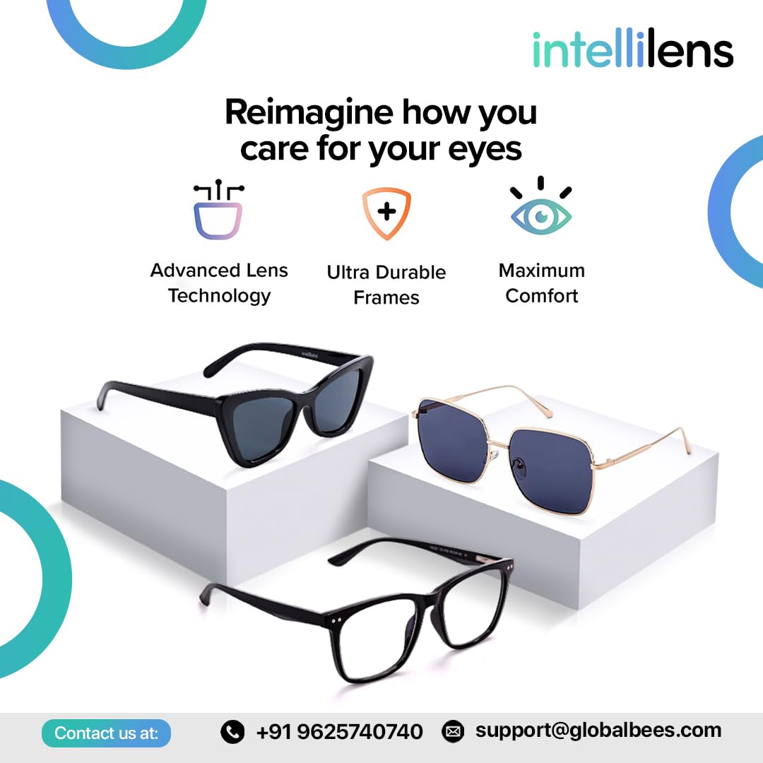 Intellilens Square Blue Cut Computer Glasses for Eye Protection | UV Protection Specs for Men & Women | TR90 Frames & CR39 Blue Cut Lenses (Black)