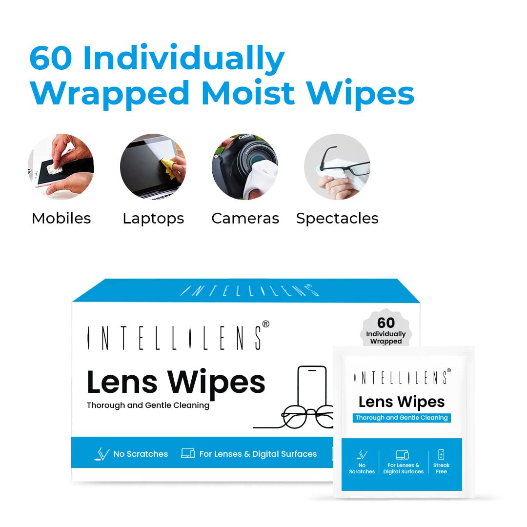 Intellilens Lens Cleaner Wipes (2 Packs of 60) | Lens Cleaner for Spectacles & All Digital Screens | Fast Drying, Gentle and Scratch Free Cleaning