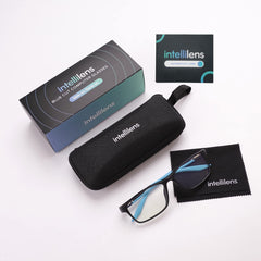 Intellilens Square Blue Cut Computer Glasses for Eye Protection with Lens Cleaner Solution for Spectacles | Zero Power, Anti Glare & Blue Light Filter Glasses | (Matte Black & Blue) (56-17-140)